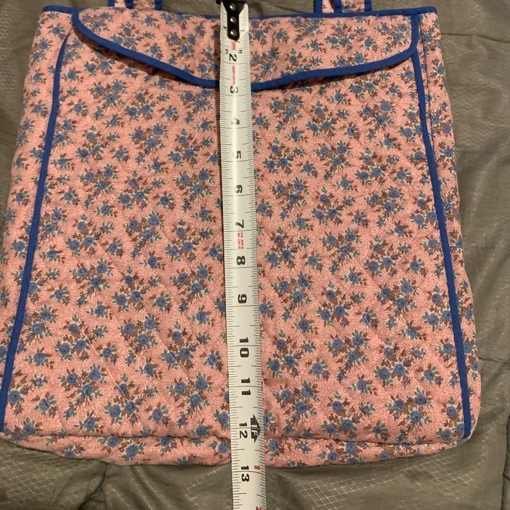 Vintage sewing floral pink, blue and purple quilted bag.